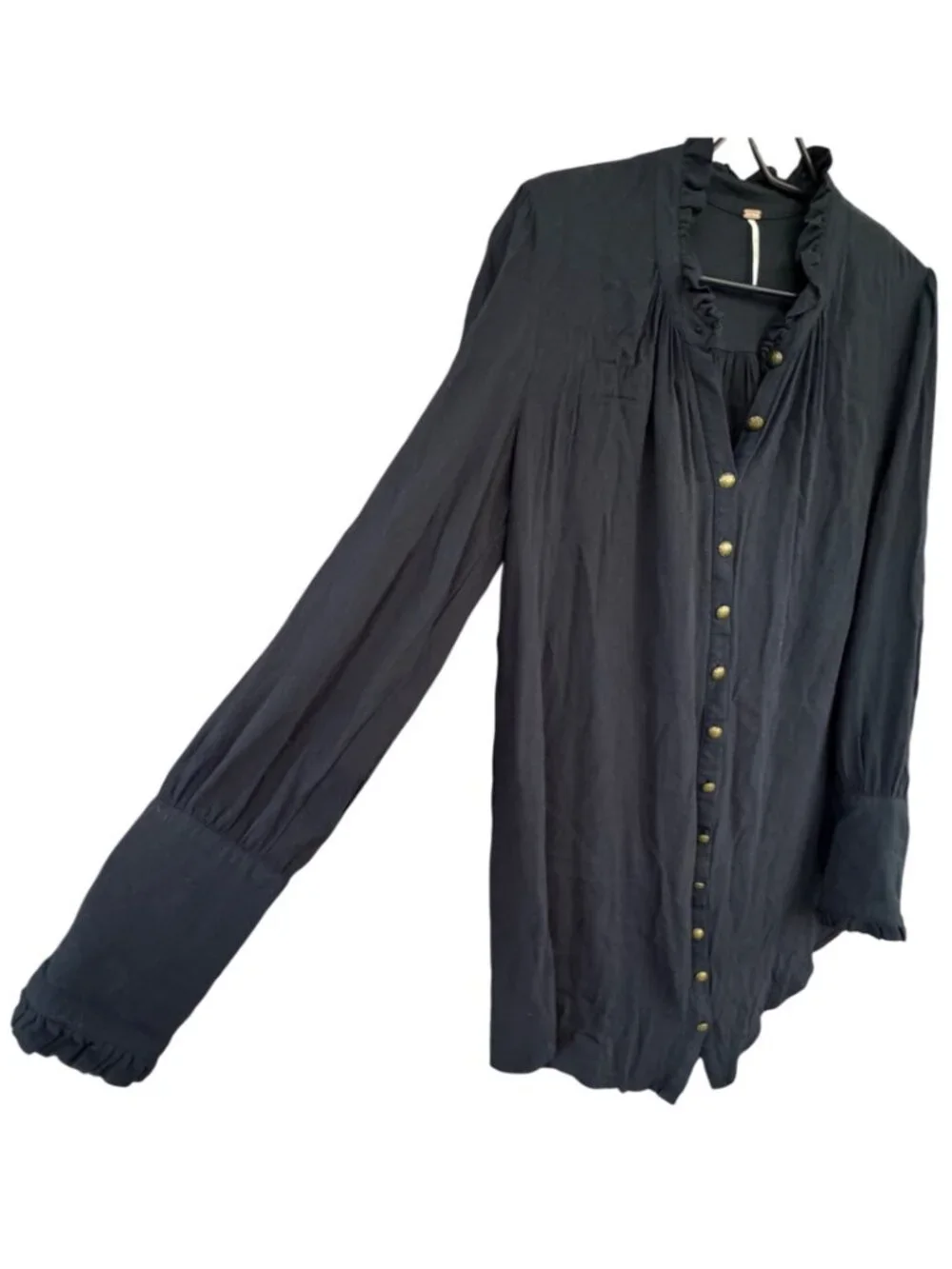 Free People Womens Medium Black Long Sleeve Button Up Ruffle Tunic Blouse Top